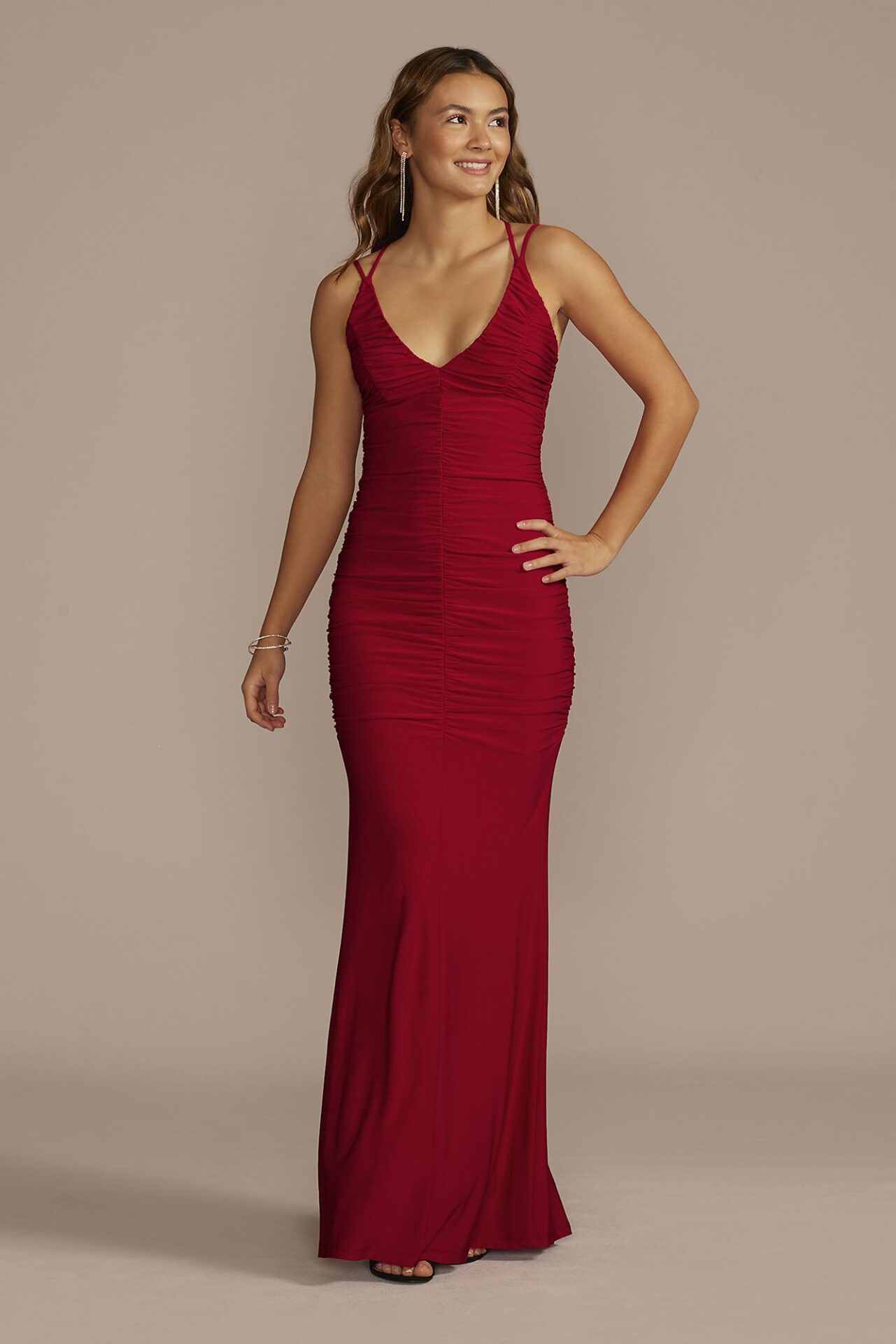 Double Strap Ruched V-Neck Sheath 12782