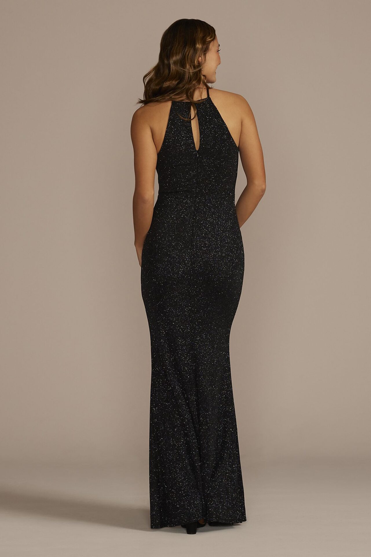 High Neck Glitter Sheath Dress with Slit 12841D