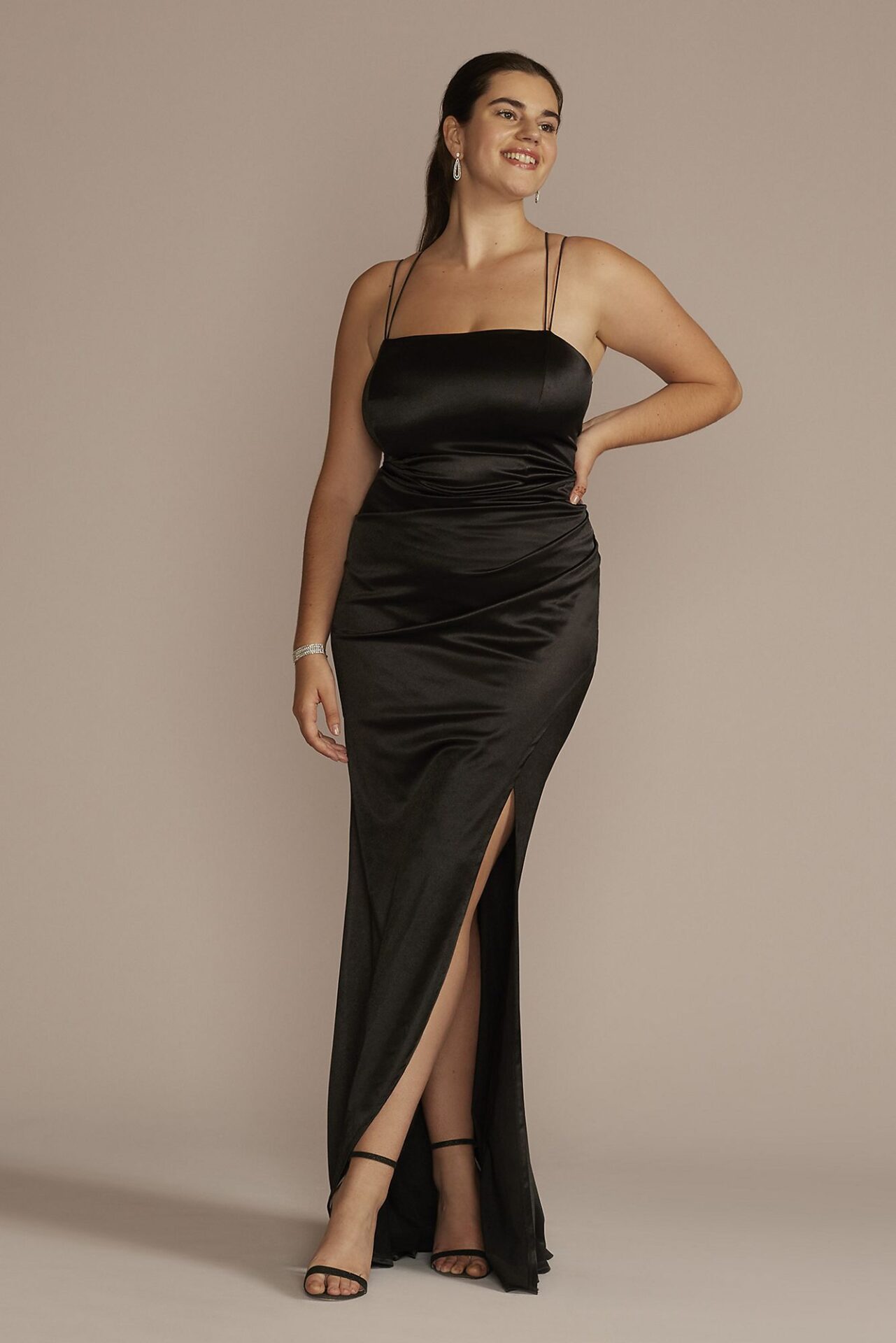 Double Strap Satin Square Neck Dress with Slit AKC4310