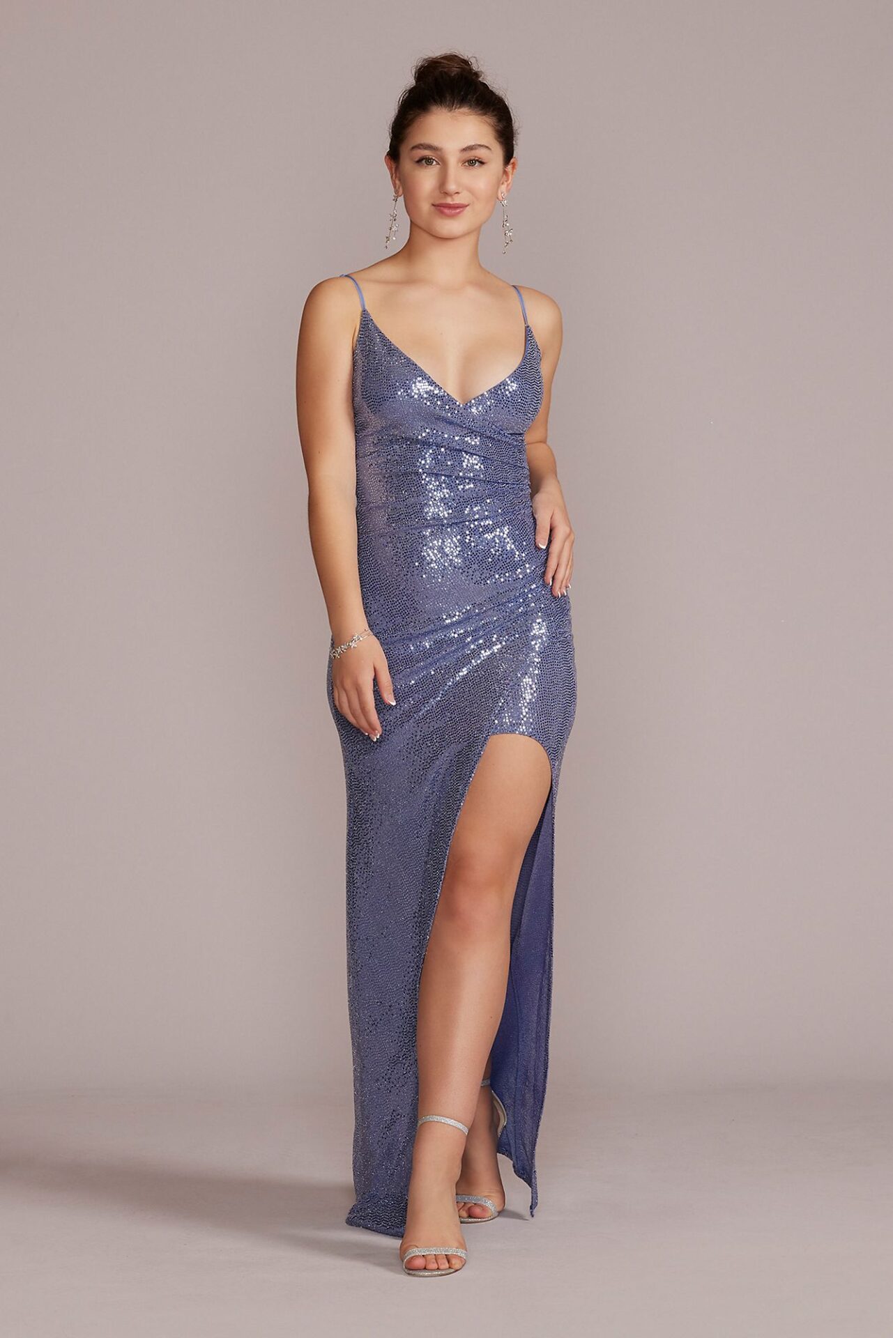 Allover Sequin V-Neck Sheath Gown with Slit CWP4423