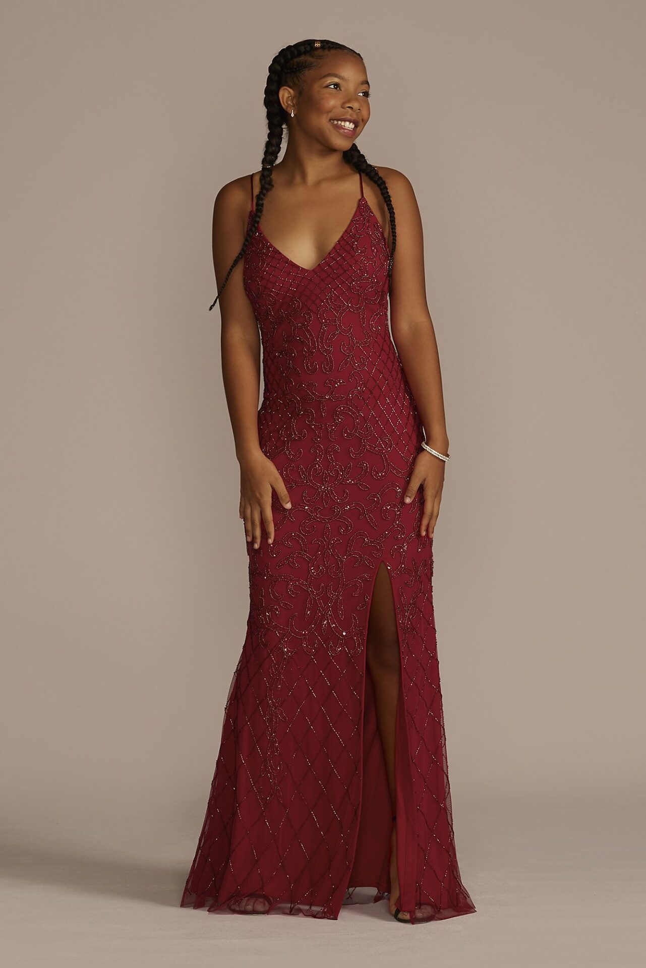 Patterned Beaded and Sequined Sheath with Slit WGIN29T